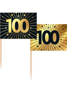 50 Stk 100 År Mad-/Kageflag 6,5 Cm - Sort Og Guld