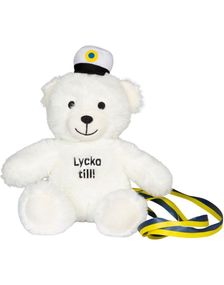 Lycka Till - Sittende Hvit Teddybjørn Bamse med Gult og Blått Bånd og Lue 18 cm
