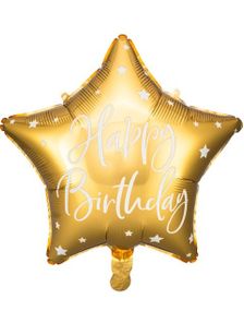 Happy Birthday! - Stjerneformet Gullfarget Folieballong med Hvit Skrift 40 cm