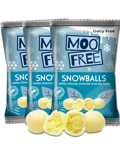 20 stk. Moo Free Snowballs – Riskugler med Vegansk Overtræk af Hvid Chokolade – Hel Kasse 700 gram