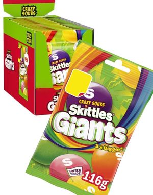 12 stk Skittles Giant Crazy Sours - Tyggepastiller med Forskellige Sure Frugtsmager - Hel Æske 1,5 kg