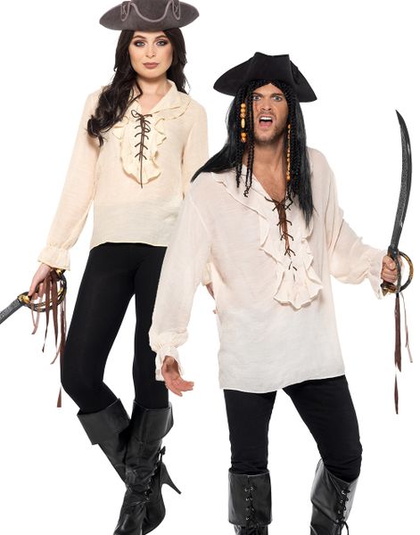 Cremehvid Piratskjorte med Snører