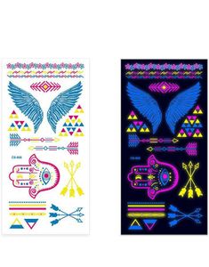 Ark med Fluorescerende Vinger, Hamsa Hånd, Piler og Andre Tatoveringer (UV Fake Tattoo)