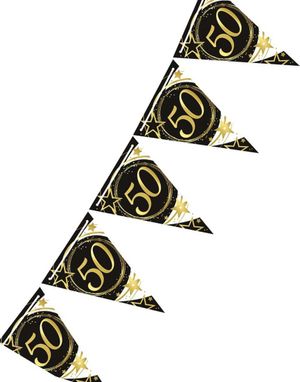 3 Meter Langt Svart og Hvitt Flaggbanner med Gullskrift - 50 ÅR 