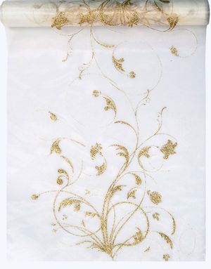 Cremehvid Organzaløber med Guldfarvede Glittermotiver 36 cm x 9 meter