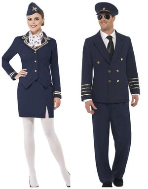 Parkostume - Mørkeblå Pilot og Stewardesse Kostume med Gulddetaljer