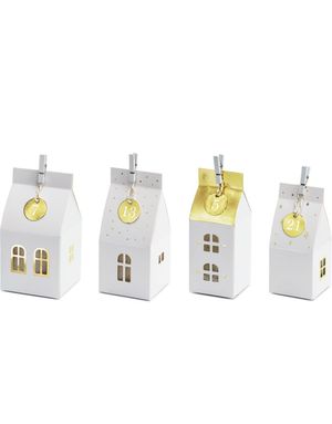 24 sk Hvide og Guldfarvede Julehus Advent-Æsker / Julekalender med Tags, Klemmer og Sejlgarn