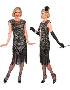 Roaring 20's Gatsby Flapper - Svart og Gullfarget Luksus Flapperkjole til Dame