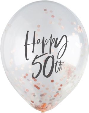 5 stk 30 cm Gjennomsiktige Happy 50th Ballonger med Rosegull Konfetti