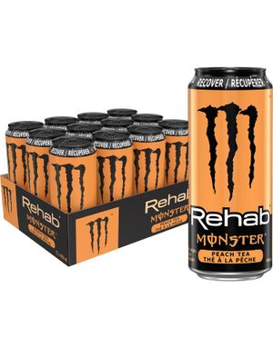 12 stk Monster Energy Rehab Peach Tea - Energidrikk med Ferskentesmak - Helt Brett 12x458 ml (USA Import)