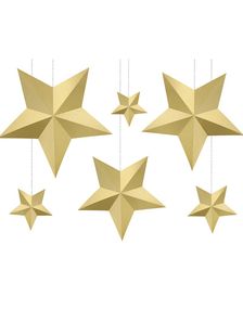 6 stk Guldfarvet 3D Stjerner - Hængende Dekoration