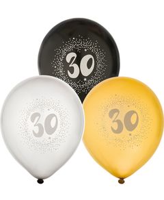 30 år - 6 stk Sorte, Sølv- og Guldfarvet Balloner 30 cm