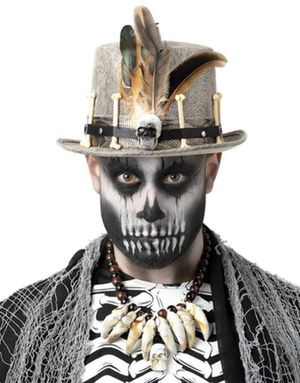 Mønstret Voodoo Floss Hat med skeletknogler, kranie, bånd og fjer
