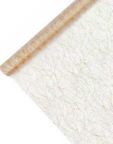 Hvid Organzaløber med Guldfarvet Blad-Design 48 cm x 9 meter