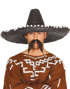 Stor Sort Sombrero med Hvide Kvaster 65 cm