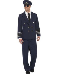 Mørkeblått Pilotkostyme med Gulldetaljer og Hatt til Mann