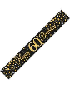 Happy 60th Birthday - 2,7 Meter Svart og Gullfarget Holografisk Banner
