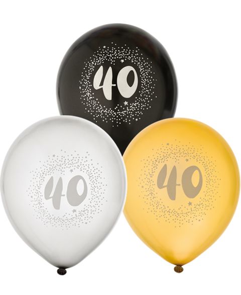 40 år - 6 stk Sorte, Sølv- og Guldfarvet Balloner 30 cm