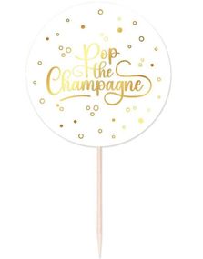25 Stk Pop the Champagne Mat/Kakeflagg 8 cm - Hvit og Gull