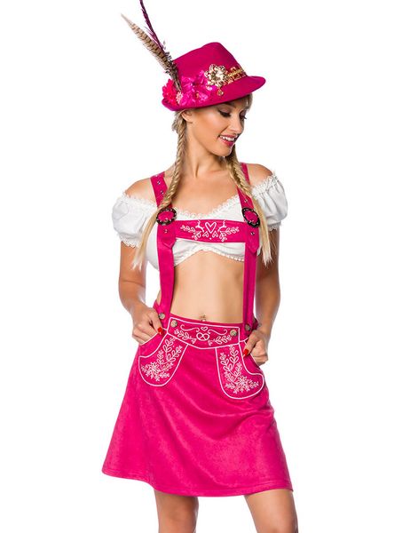 Kort A-Formet Oktoberfestskørt i Rosa med Seler og Broderi