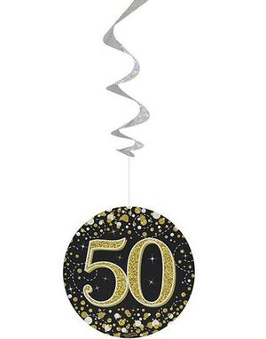 6 stk 50-Års Bursdag Svart og Gullfarget Holografiske Swirls