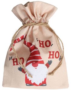 "Ho Ho Ho" - Beige Strie Julesekk med Nissemotiv 16x22 cm