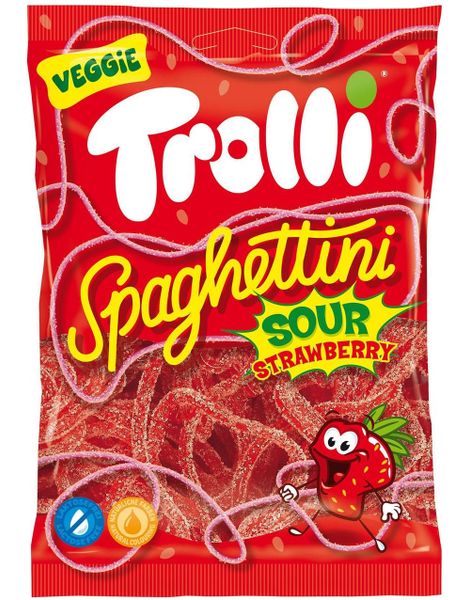 Trolli Spaghettini Sour Strawberry - Sure Jordbærsnører 100 gram